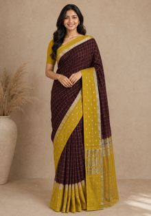 Soft Chanderi Silk Saree Chocolate Brown Mustard Dotted Border