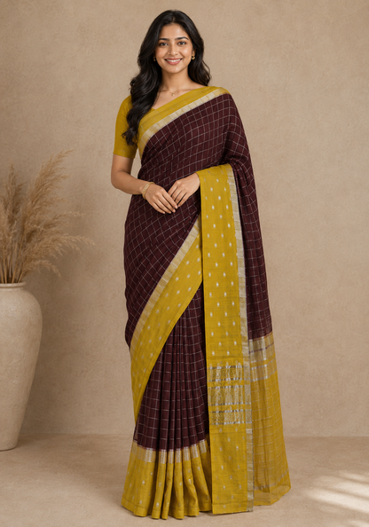 Soft Chanderi Silk Saree Chocolate Brown Mustard Dotted Border