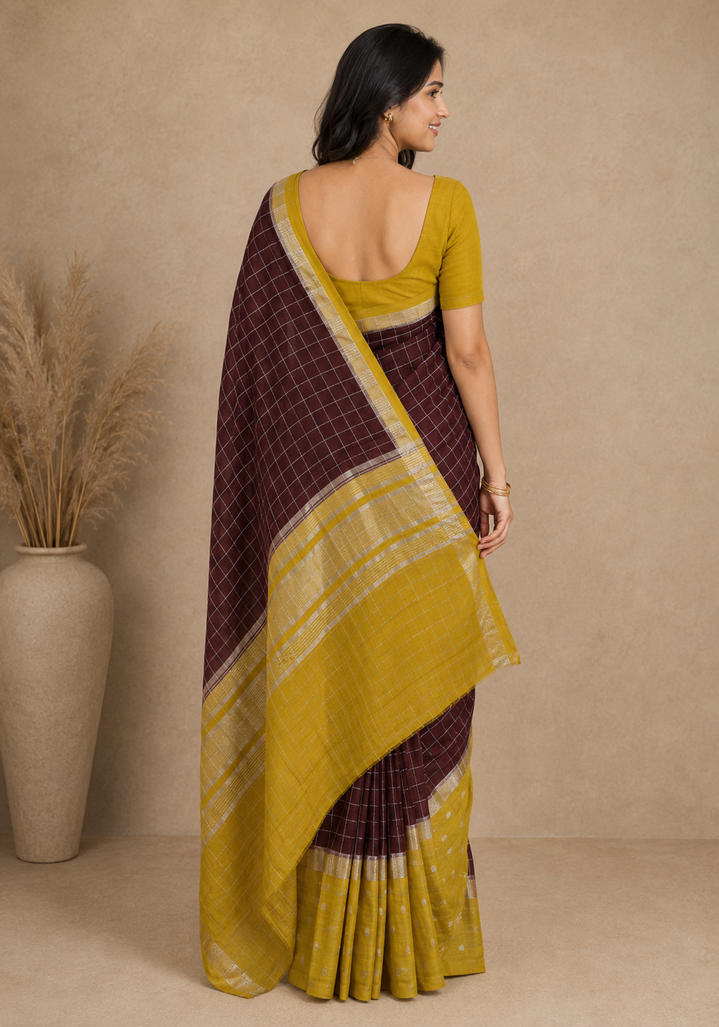 Soft Chanderi Silk Saree Chocolate Brown Mustard Dotted Border