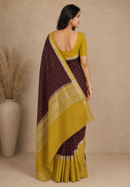 Soft Chanderi Silk Saree Chocolate Brown Mustard Dotted Border