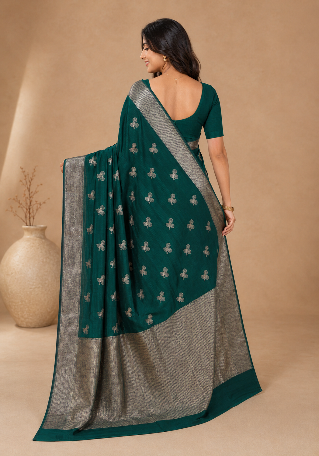 Dhupian Silk Saree Teal Green Silver Buti