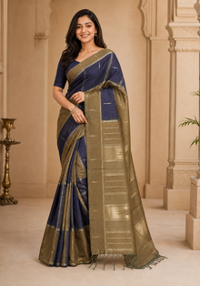 Tussar Silk Saree Striped Navy Blue Antique Gold