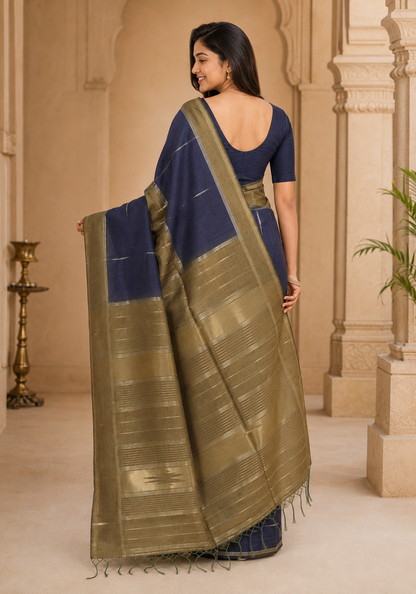 Tussar Silk Saree Striped Navy Blue Antique Gold