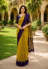 Soft Chanderi Silk Saree Mustard Yellow Purple Dotted Border