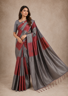 Tussar Silk Saree Striped Red Silver Grey
