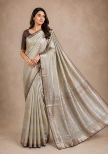 Tussar Silk Saree Ivory Beige Silver Border