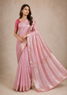 Tussar Silk Saree Blush Pink Silver Border