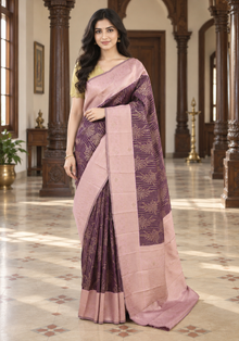 Soft Silk with Arani Border Stone Saree Royal Purple and Blush Pink - Ashoka Threads
