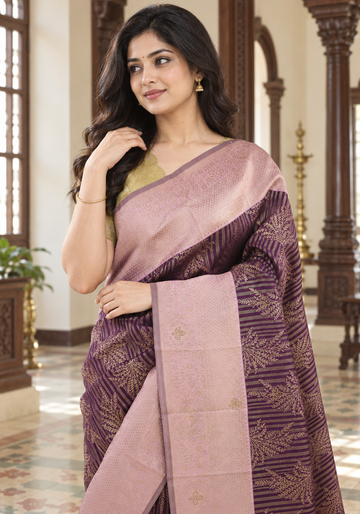 Soft Silk with Arani Border Stone Saree Royal Purple and Blush Pink - Ashoka Threads