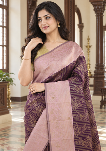 Soft Silk with Arani Border Stone Saree Royal Purple and Blush Pink - Ashoka Threads