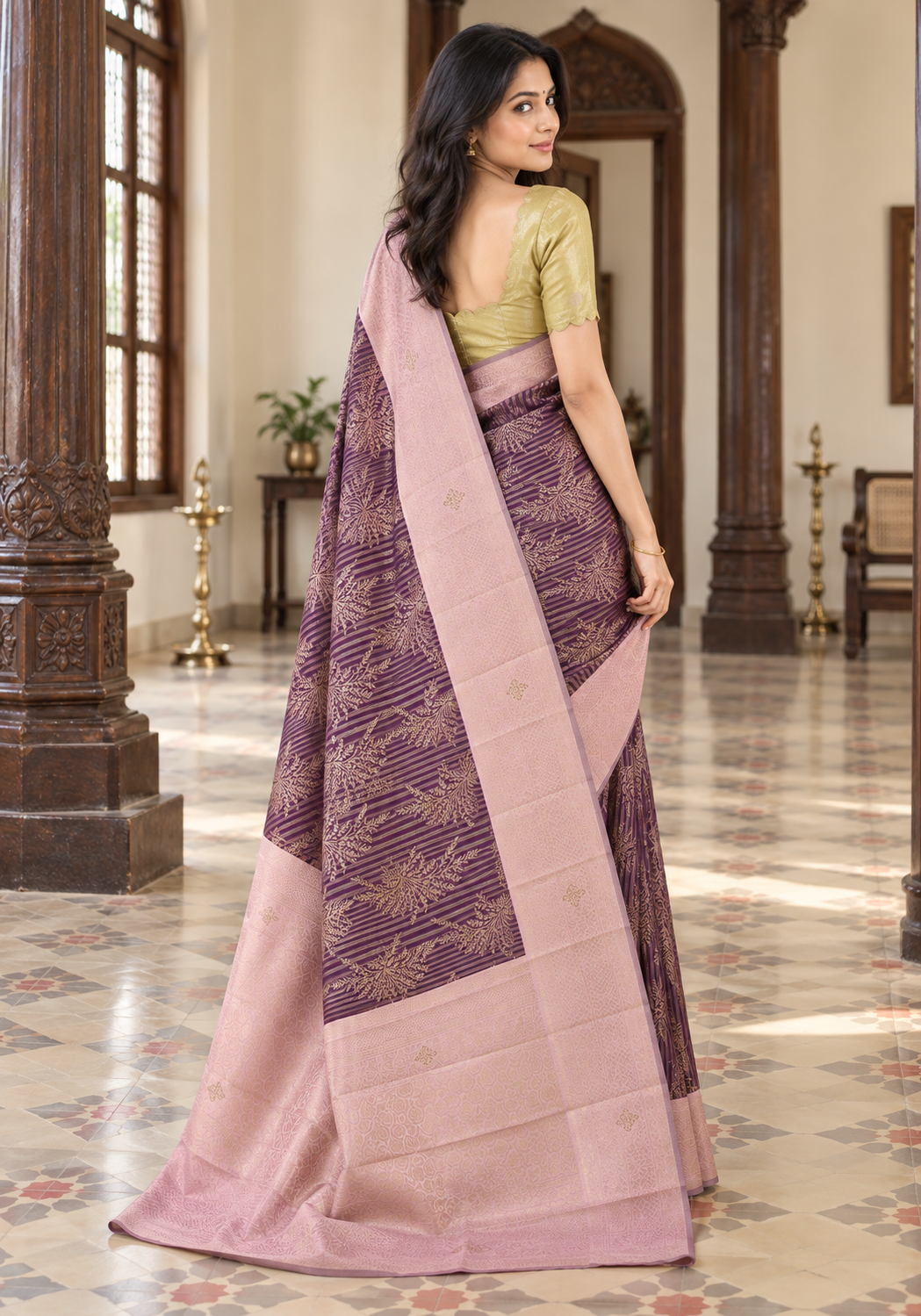 Soft Silk with Arani Border Stone Saree Royal Purple and Blush Pink - Ashoka Threads