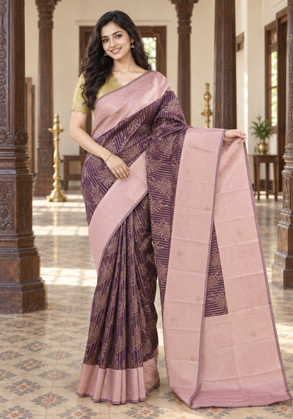 Soft Silk with Arani Border Stone Saree Royal Purple and Blush Pink - Ashoka Threads
