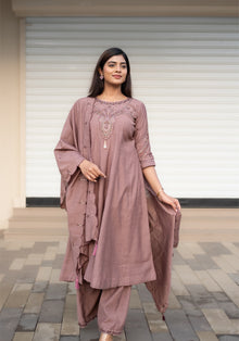 Dusty Rose Cotton Embroidered Kurta Pant Set with Dupatta - Ashoka Threads