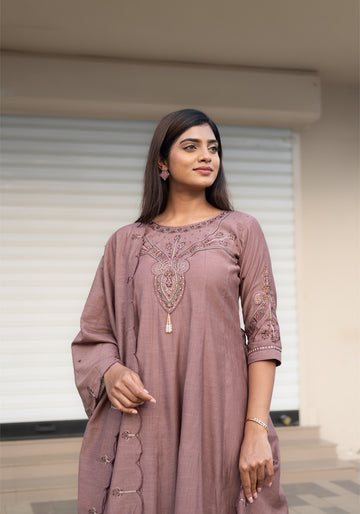 Dusty Rose Cotton Embroidered Kurta Pant Set with Dupatta - Ashoka Threads