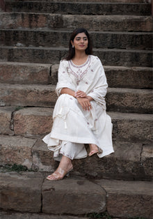 Ivory Cream Cotton Embroidered Kurta Pant Set with Dupatta - Ashoka Threads