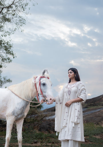 Ivory Cream Cotton Embroidered Kurta Pant Set with Dupatta - Ashoka Threads