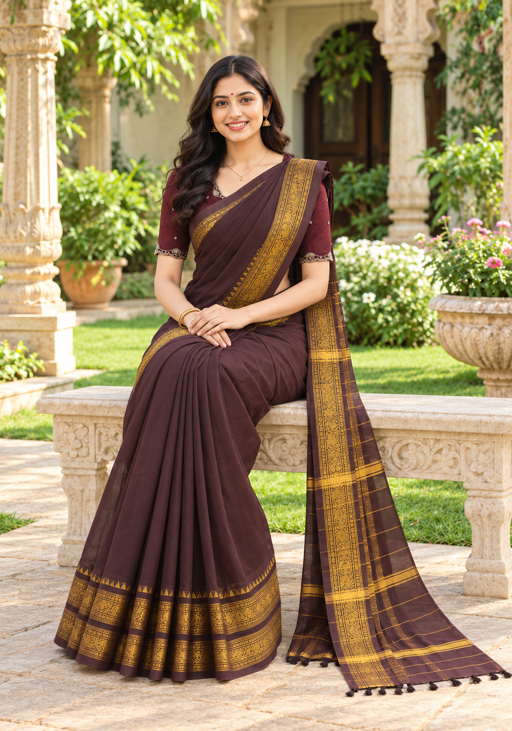 Chettinad Cotton Saree Deep Plum Antique Gold Temple Border - Ashoka Threads