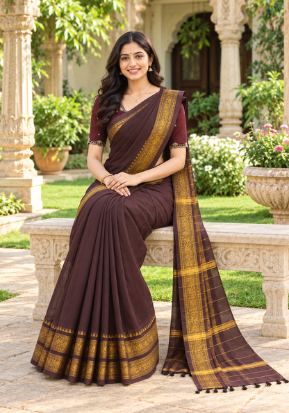 Chettinad Cotton Saree Deep Plum Antique Gold Temple Border - Ashoka Threads