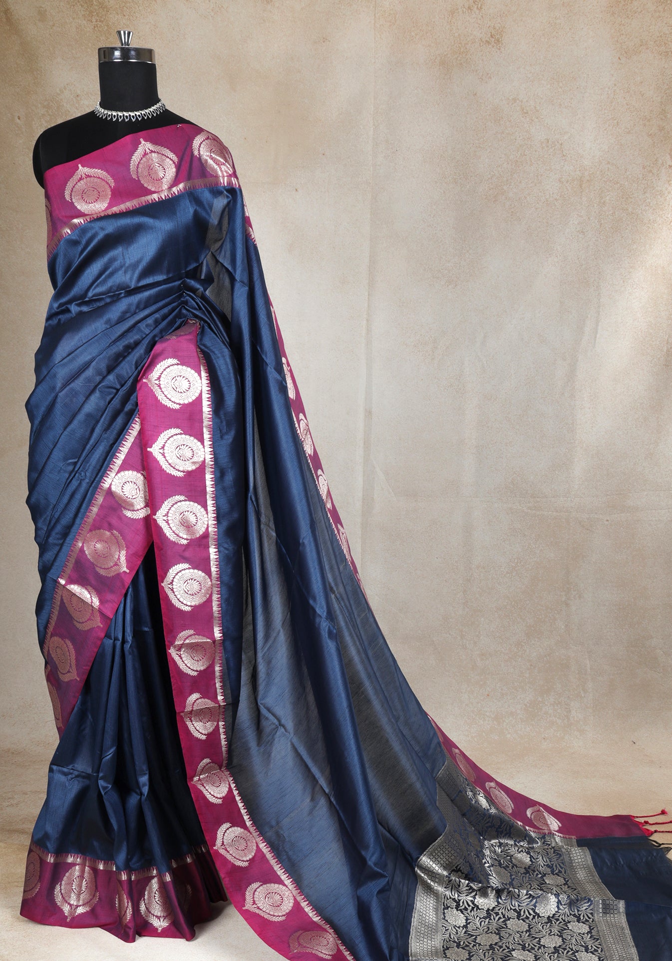 Dhupian Silk Saree Navy Blue Magenta Silver Motif
