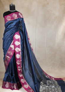 Dhupian Silk Saree Navy Blue Magenta Silver Motif