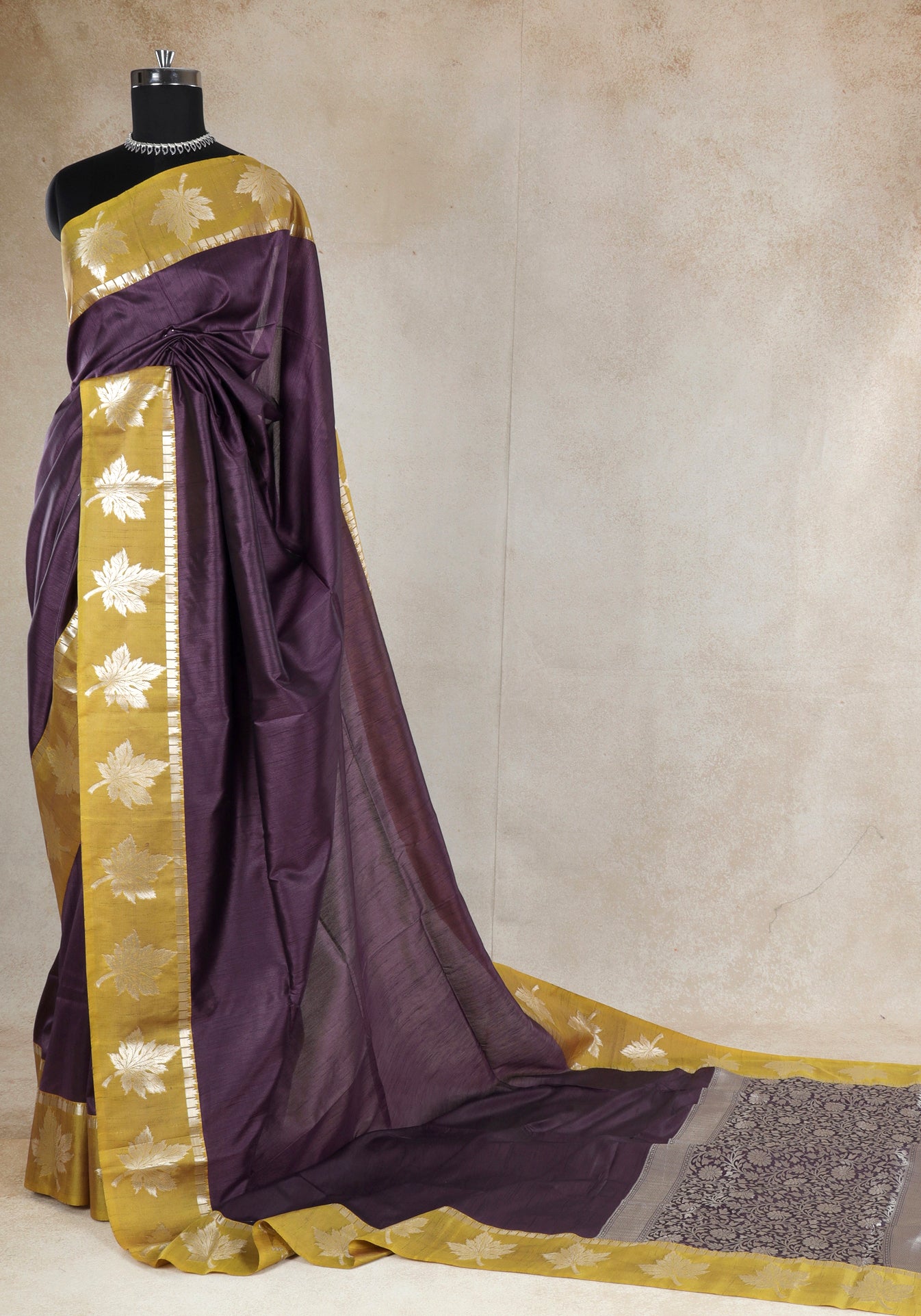 Dhupian Silk Saree Deep Plum Mustard Floral Border