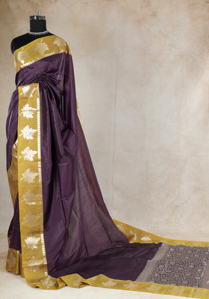 Dhupian Silk Saree Deep Plum Mustard Floral Border