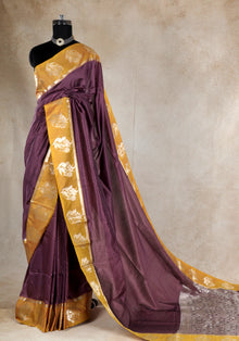 Dhupian Silk Saree Wine Plum Mustard Floral Pallu