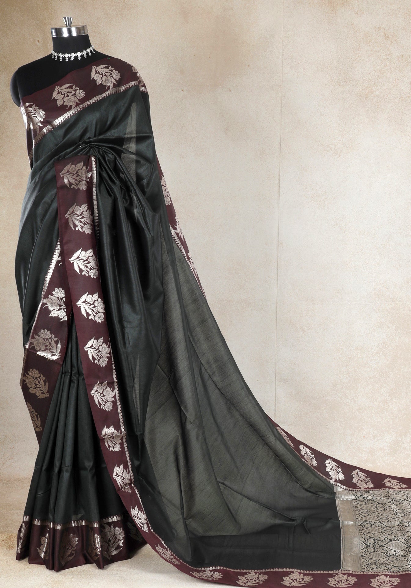 Dhupian Silk Saree Forest Green Wine Silver Floral Border