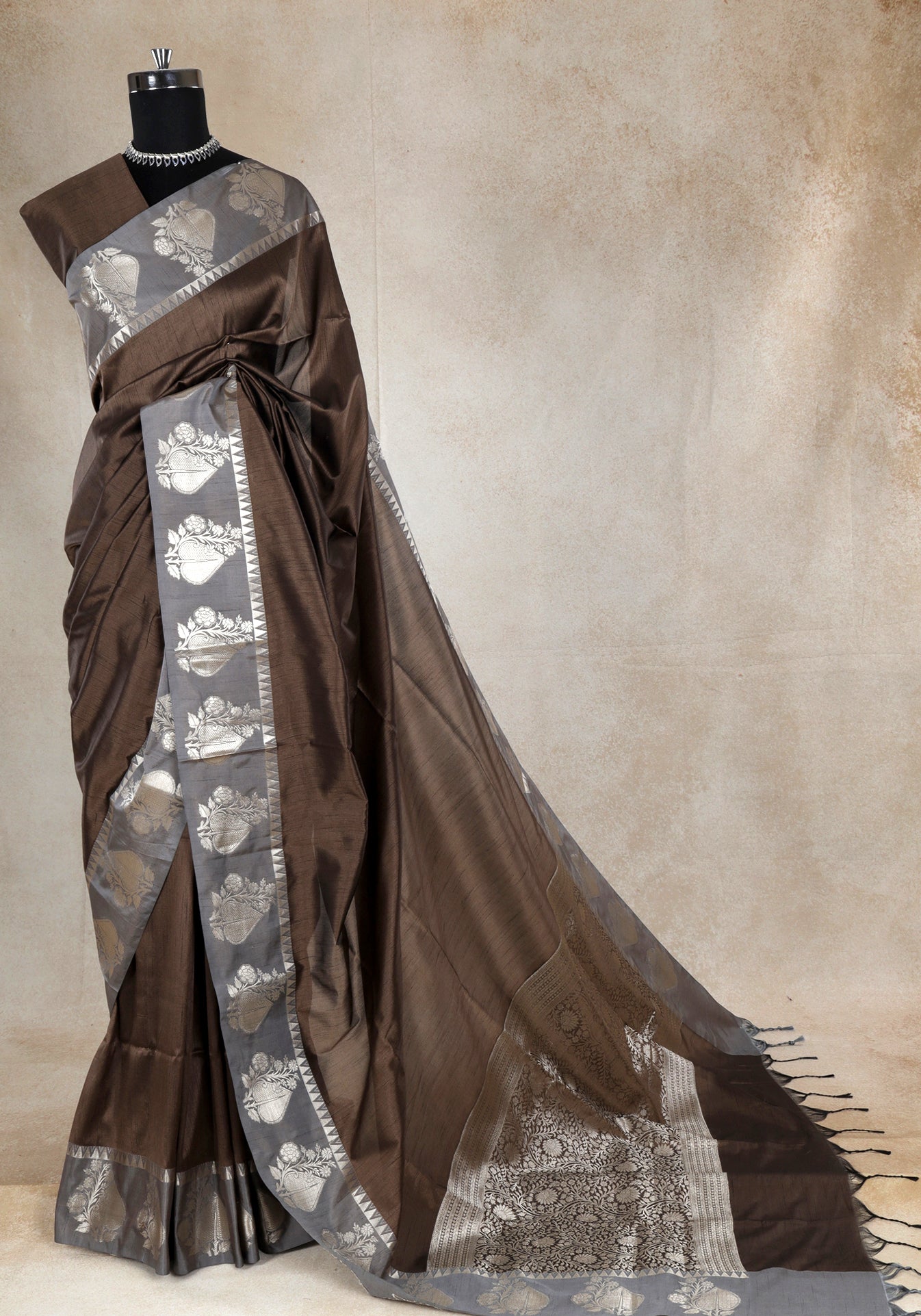 Dhupian Silk Saree Coffee Brown Silver Floral Border