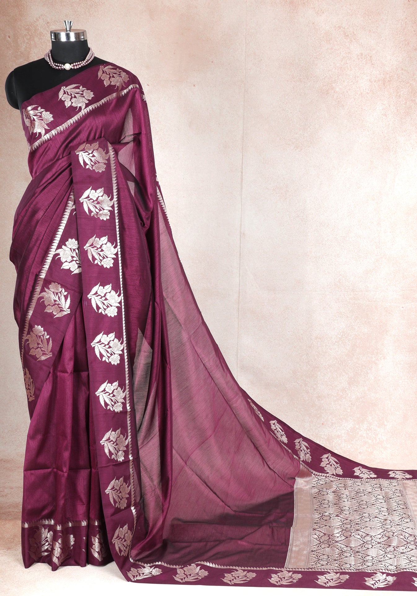 Dhupian Silk Saree Magenta Wine Silver Floral Border