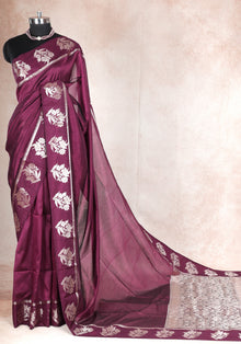 Dhupian Silk Saree Magenta Wine Silver Floral Border
