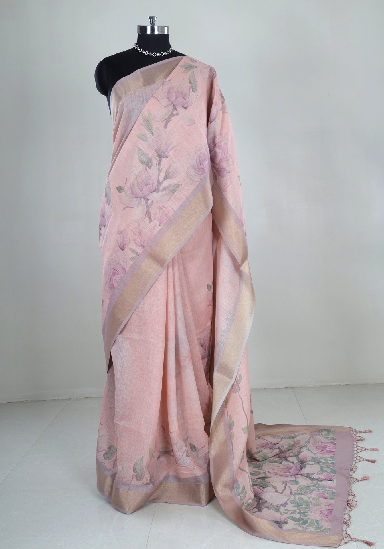 Linen Cotton Saree Blush Pink Pastel Floral