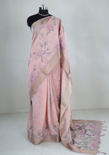 Linen Cotton Saree Blush Pink Pastel Floral