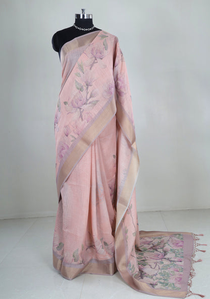 Linen Cotton Saree Blush Pink Pastel Floral