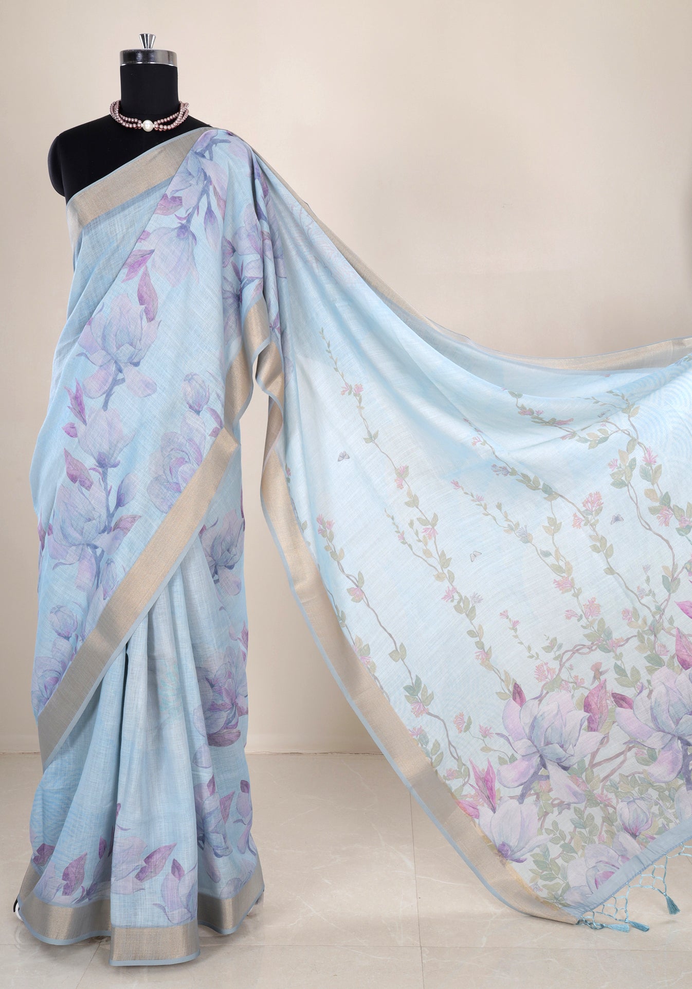 Linen Cotton Saree Powder Blue Pastel Floral
