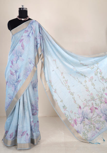 Linen Cotton Saree Powder Blue Pastel Floral