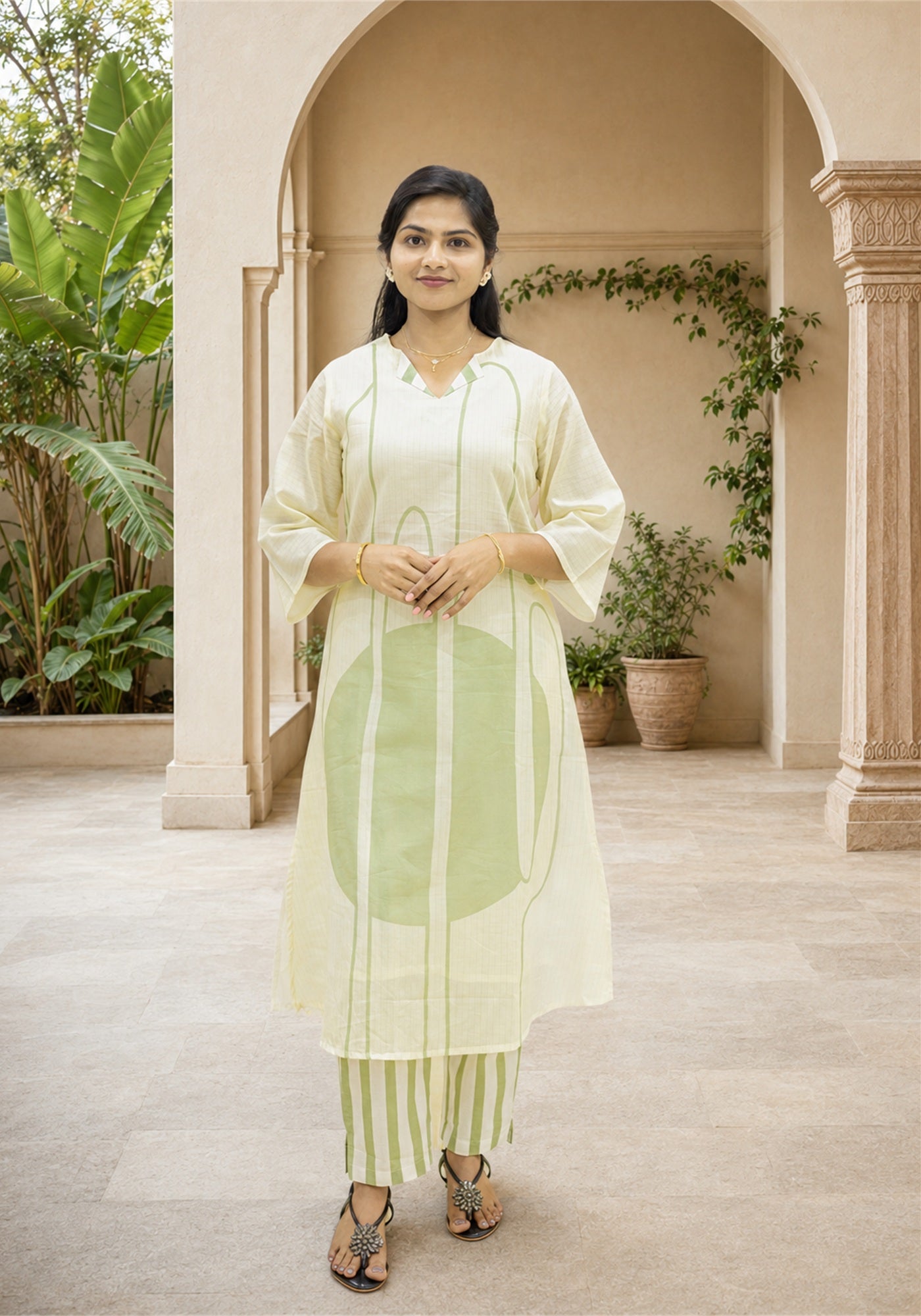 Cream Olive Green Cotton Abstract Kurta Pant Set - Ashoka Threads - K2-D1-26-GRE - view 1