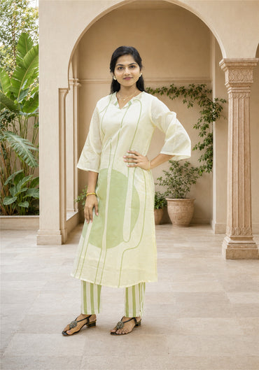 Cream Olive Green Cotton Abstract Kurta Pant Set - Ashoka Threads - K2-D1-26-GRE - view 2