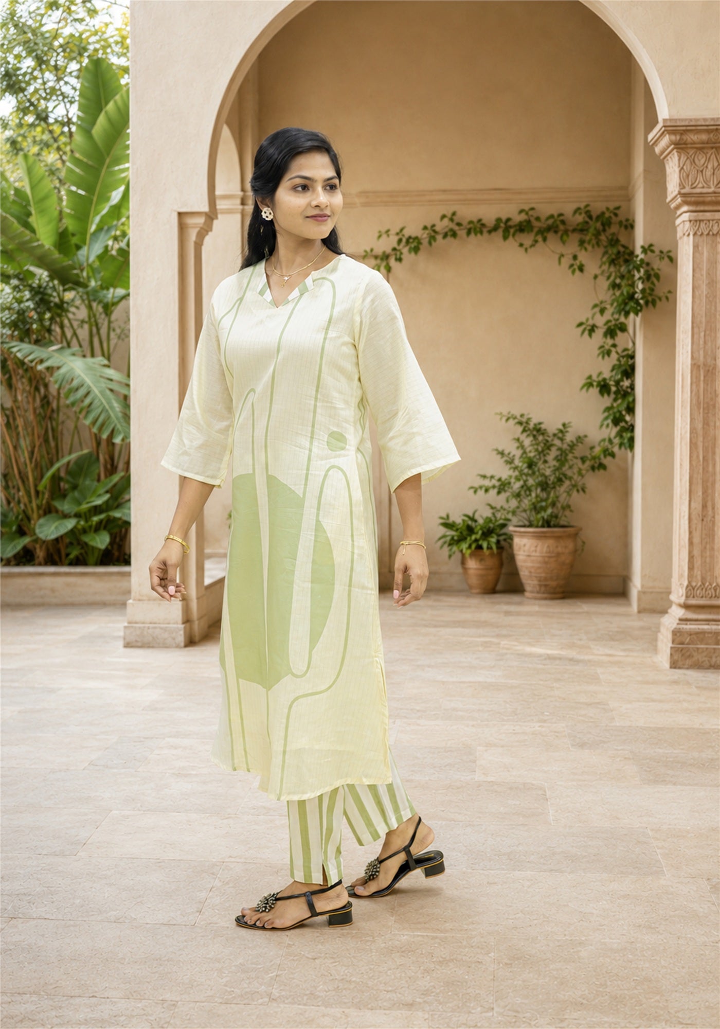 Cream Olive Green Cotton Abstract Kurta Pant Set - Ashoka Threads - K2-D1-26-GRE - view 3