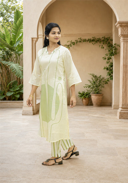 Cream Olive Green Cotton Abstract Kurta Pant Set - Ashoka Threads - K2-D1-26-GRE - view 3