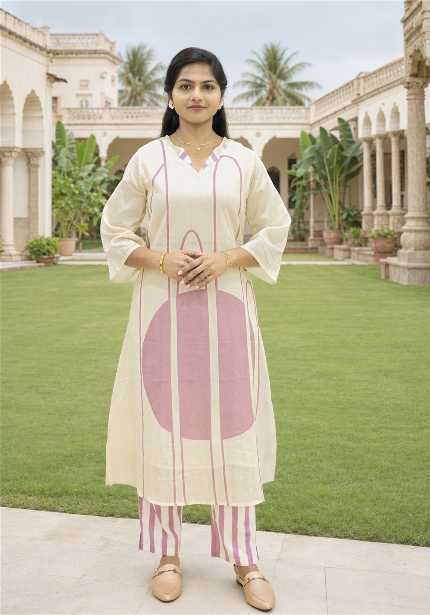 Cream Dusty Pink Cotton Abstract Kurta Pant Set - Ashoka Threads - K2-D1-26-PIN - view 1