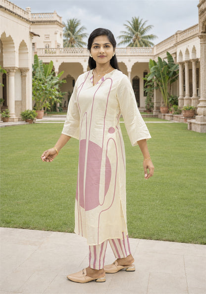 Cream Dusty Pink Cotton Abstract Kurta Pant Set - Ashoka Threads - K2-D1-26-PIN - view 2