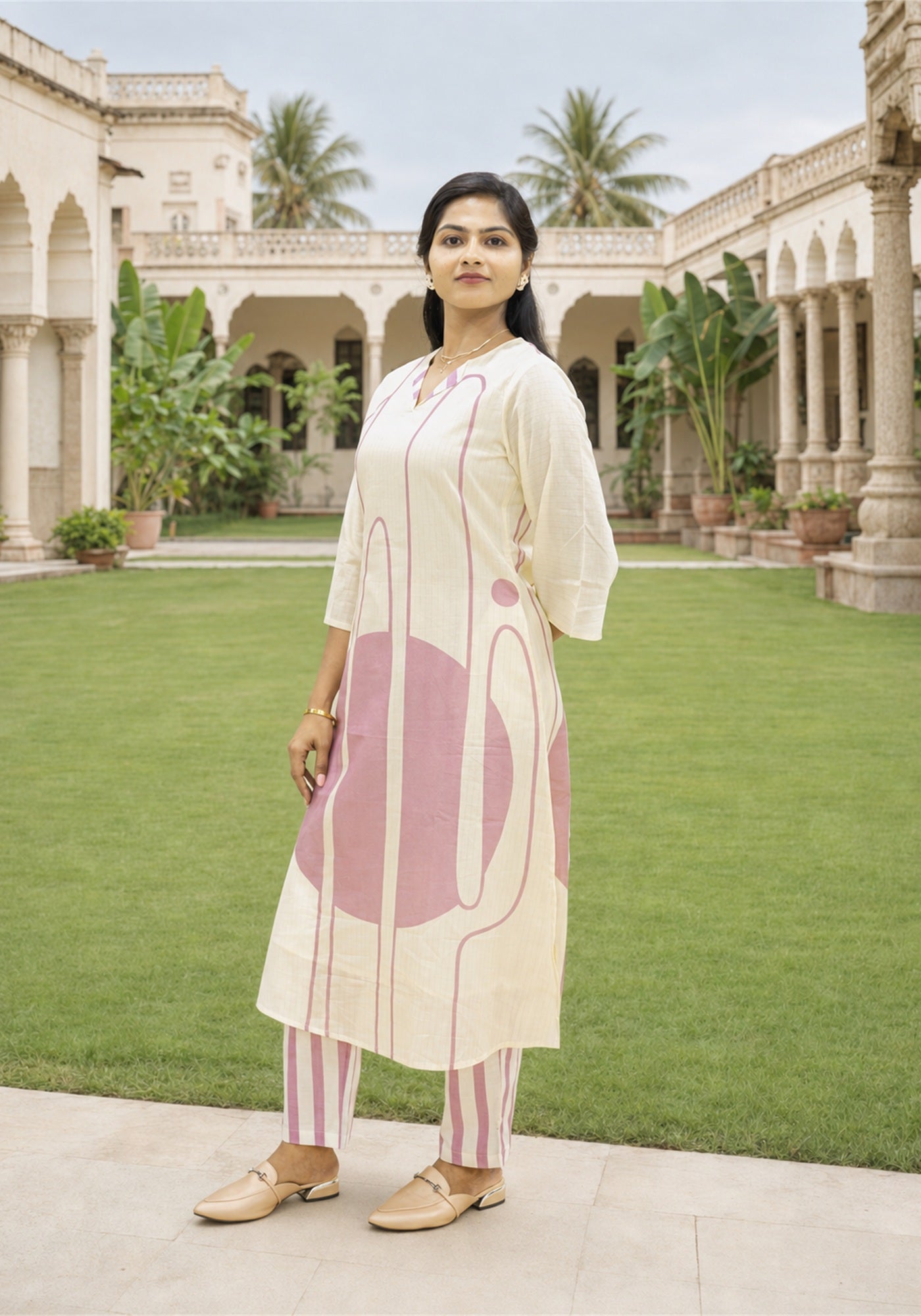 Cream Dusty Pink Cotton Abstract Kurta Pant Set - Ashoka Threads - K2-D1-26-PIN - view 3