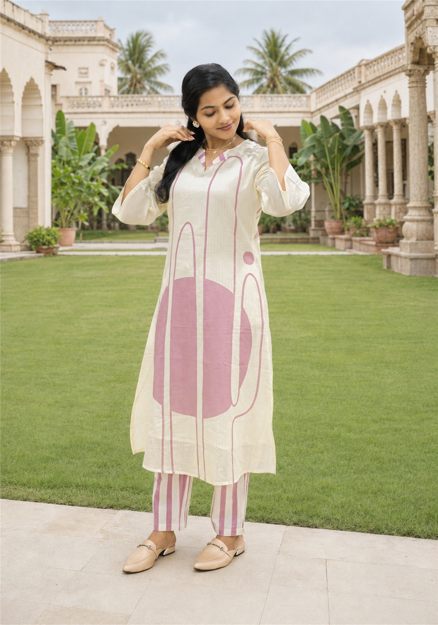 Cream Dusty Pink Cotton Abstract Kurta Pant Set - Ashoka Threads - K2-D1-26-PIN - view 4