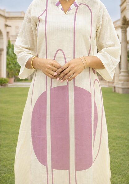 Cream Dusty Pink Cotton Abstract Kurta Pant Set - Ashoka Threads - K2-D1-26-PIN - view 5