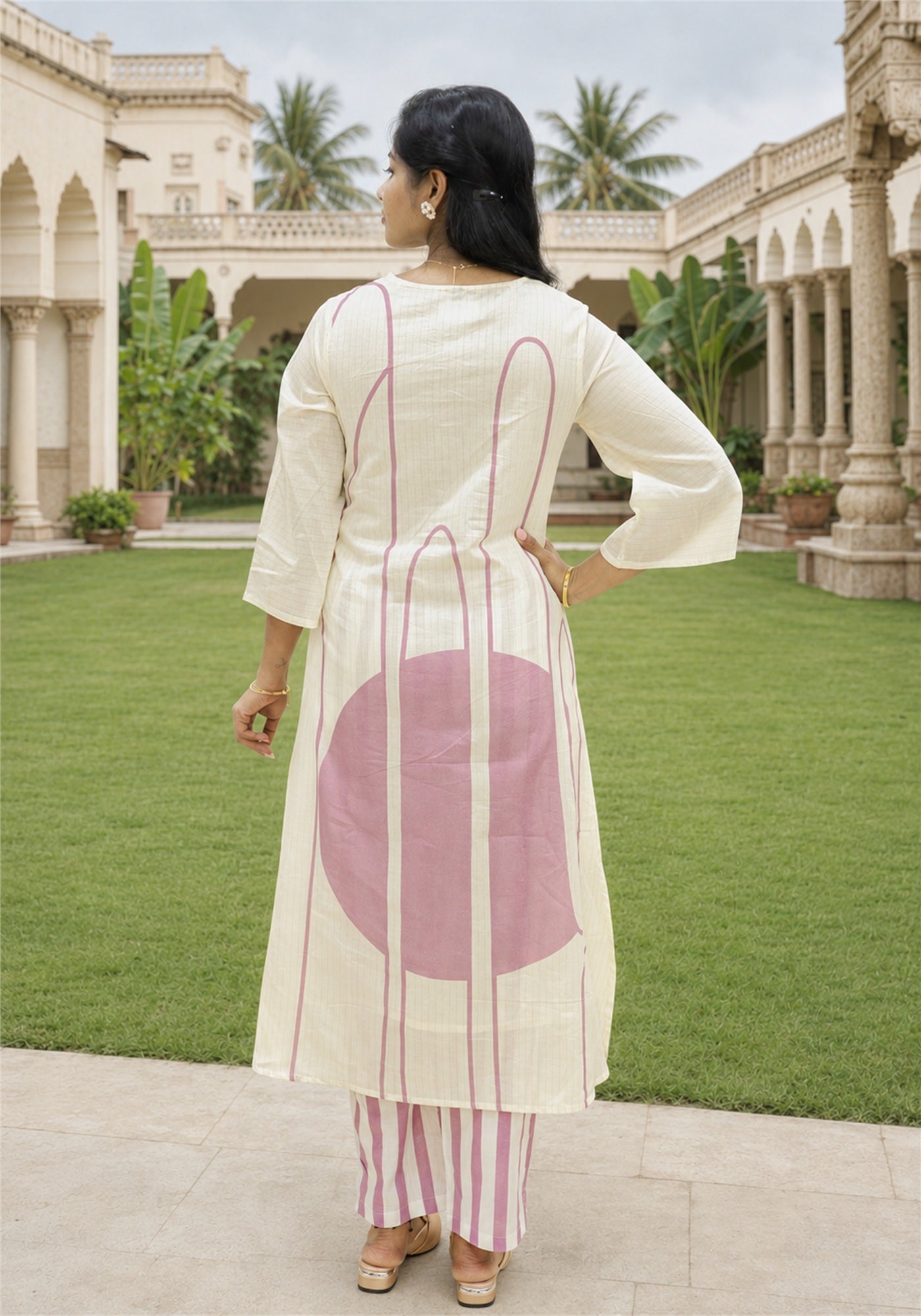 Cream Dusty Pink Cotton Abstract Kurta Pant Set - Ashoka Threads - K2-D1-26-PIN - view 6