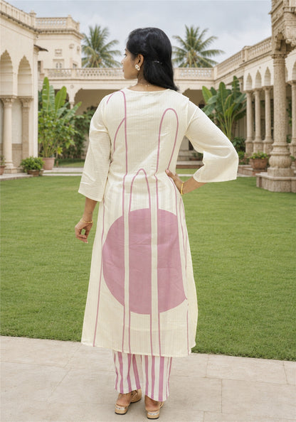 Cream Dusty Pink Cotton Abstract Kurta Pant Set - Ashoka Threads - K2-D1-26-PIN - view 6