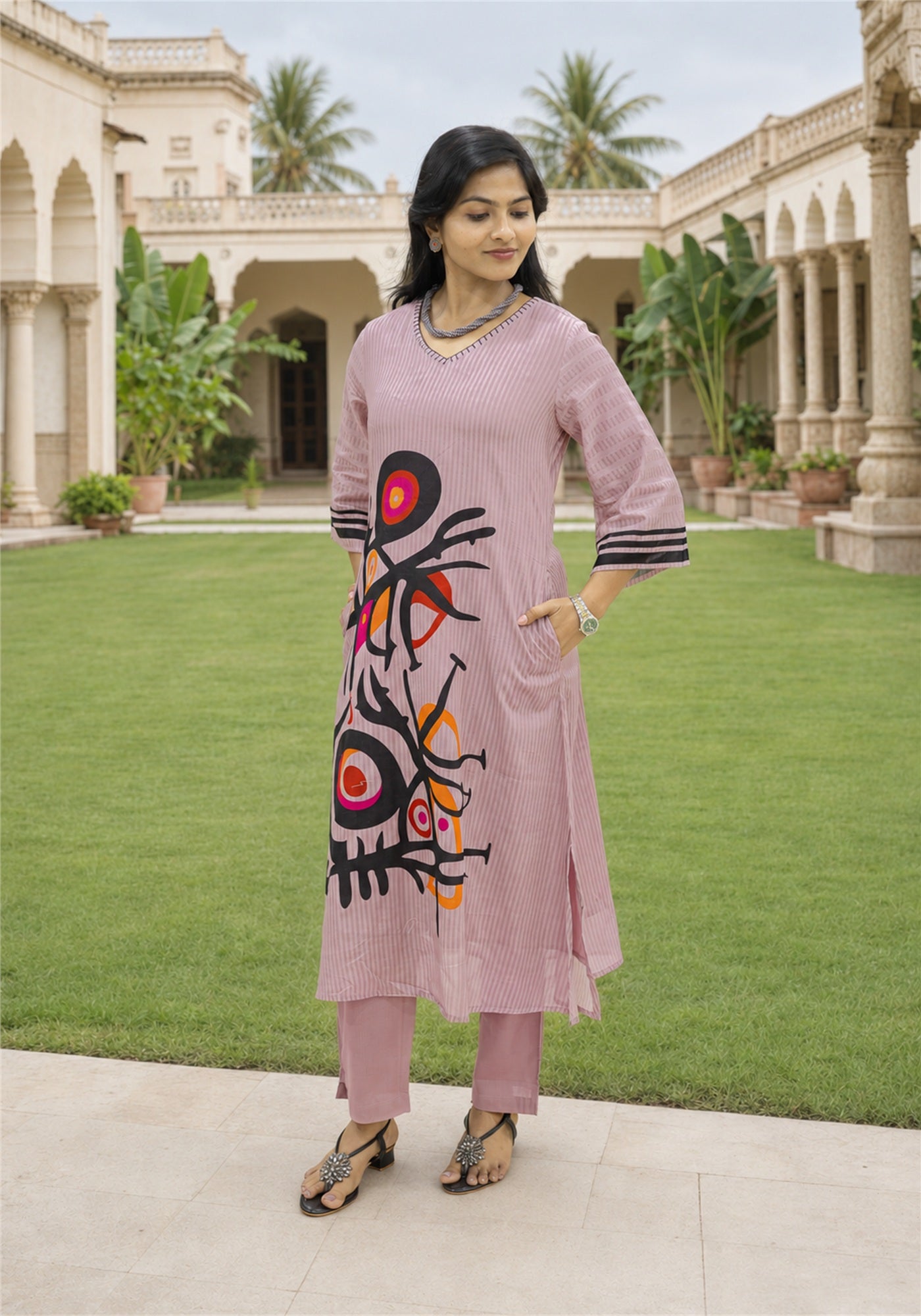 Dusty Pink Cotton Abstract Print Kurta Pant Set - Ashoka Threads - K2-D2-26-PIN - view 1