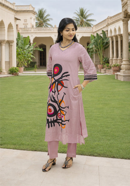 Dusty Pink Cotton Abstract Print Kurta Pant Set - Ashoka Threads - K2-D2-26-PIN - view 1