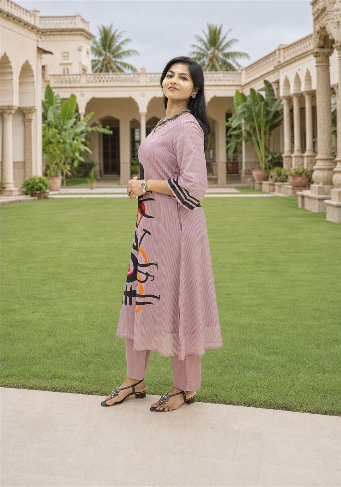 Dusty Pink Cotton Abstract Print Kurta Pant Set - Ashoka Threads - K2-D2-26-PIN - view 3